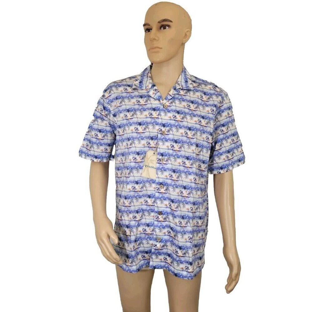 Caribbean Men's Shirt Size L Hawaiin Floral Button Up short sleeve NWT 36